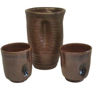 Virginia Wyoming Pottery Brown & Red Dimpled Rippled Textured Carafe & 2 Cups